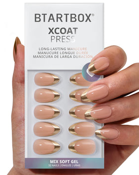 BTArtbox Press On Nails Gilded Countdown short almond French tip front view
