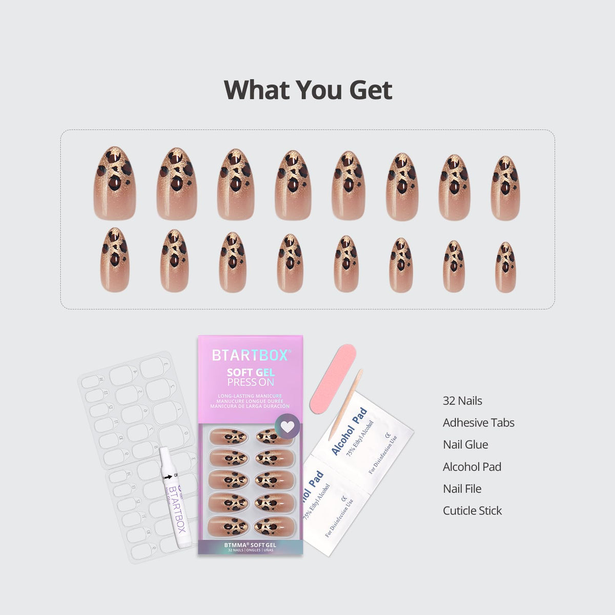 BTArtbox Press On Nails Gilder Roar medium almond shape close-up