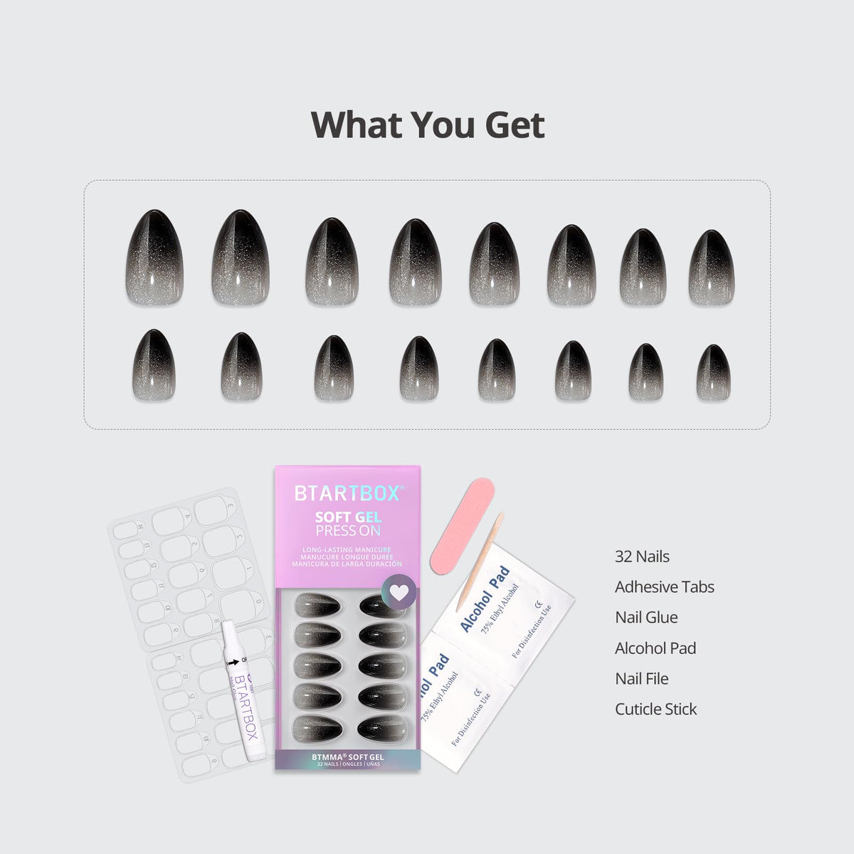 BTArtbox Press On Nails Grave Shine Sparkle Black nail file and accessories