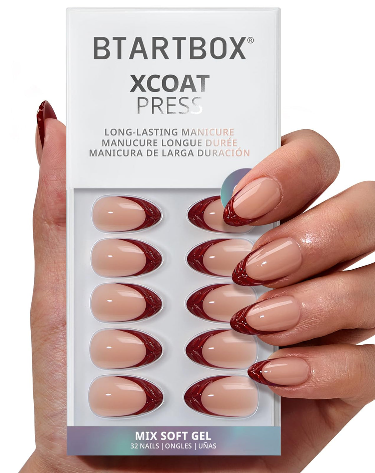 BTArtbox Press On Nails Lucky Stripe front view with red French tip