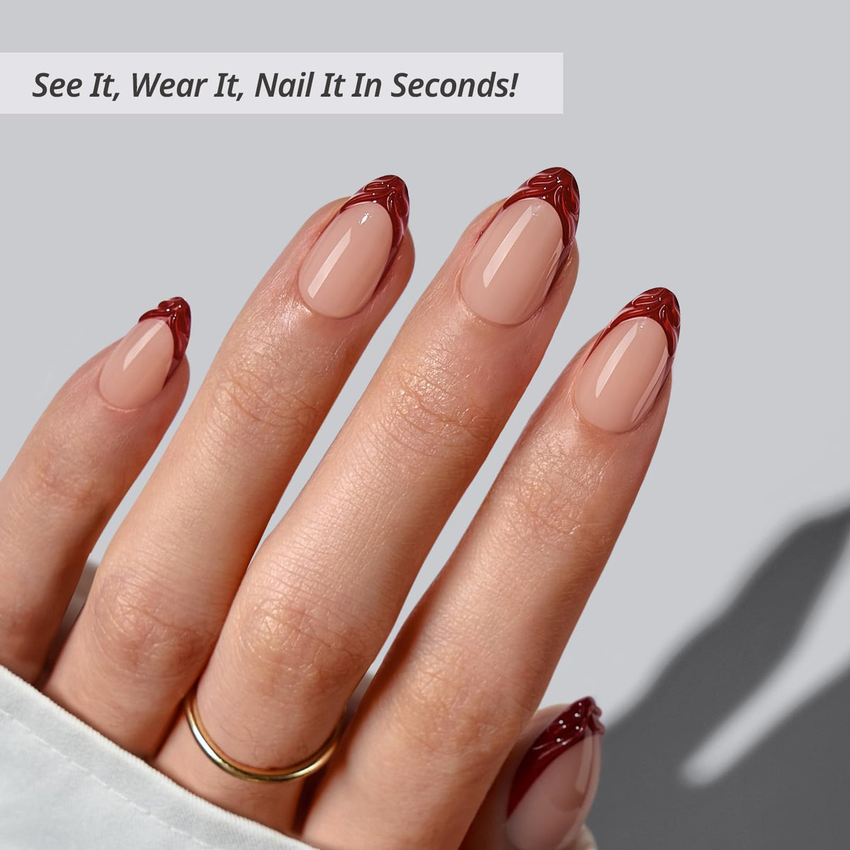 BTArtbox Press On Nails Lucky Stripe side view showing short almond shape