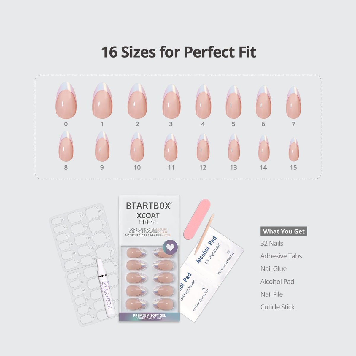 BTArtbox Press On Nails Mermaid Short Almond White French Tip with double-sided nail file