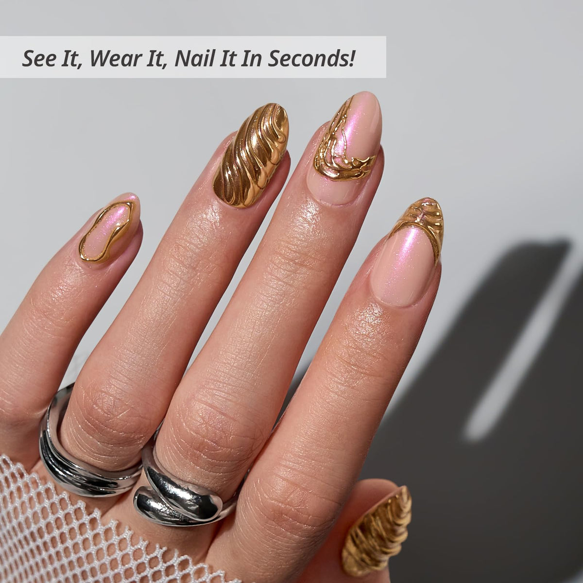 BTArtbox Press On Nails Metalhead side view showcasing almond shape