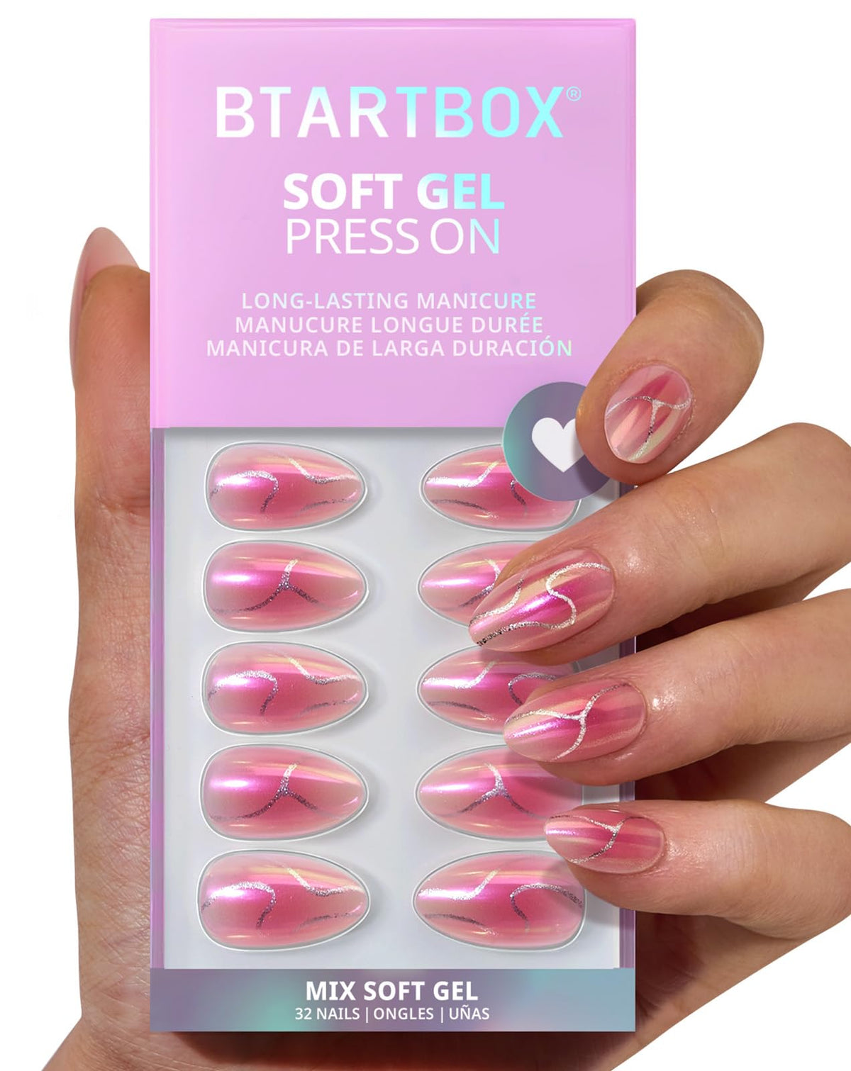 BTArtbox Press On Nails Neon Gradient Almond Pink Chrome front view