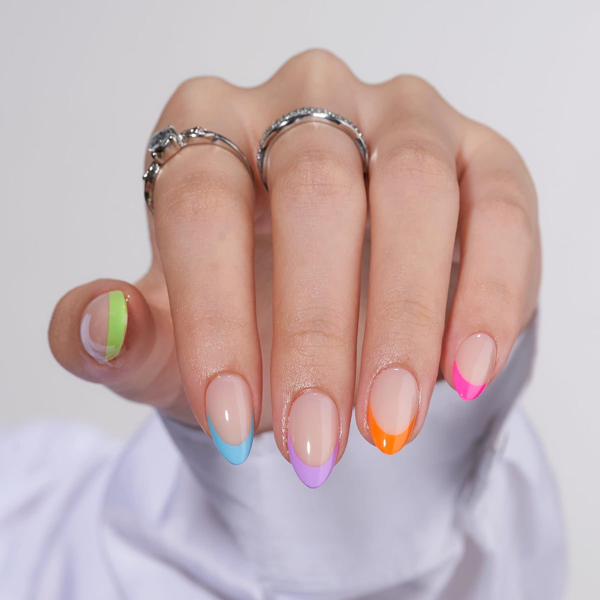 BTArtbox Press On Nails Neon Rainbow Short Almond front view