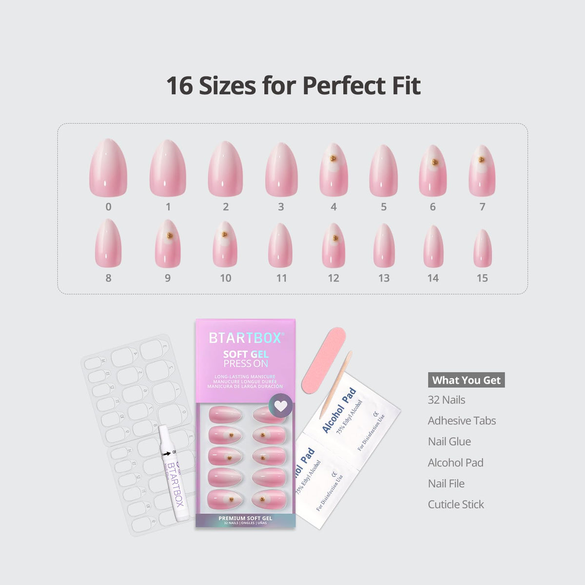 BTArtbox Press On Nails Orchard Burst showing various sizes