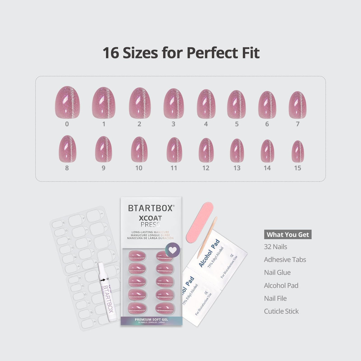 BTArtbox Press On Nails Oval Girl Code Pink Glitter with nail glue