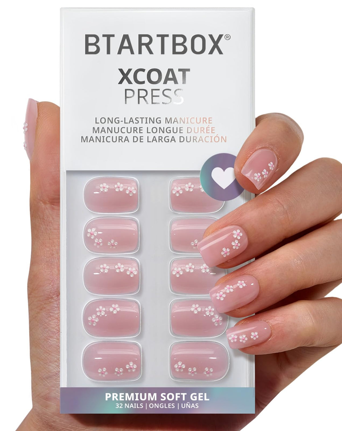 BTArtbox Press On Nails Petalfall front view with 3D pink flower design