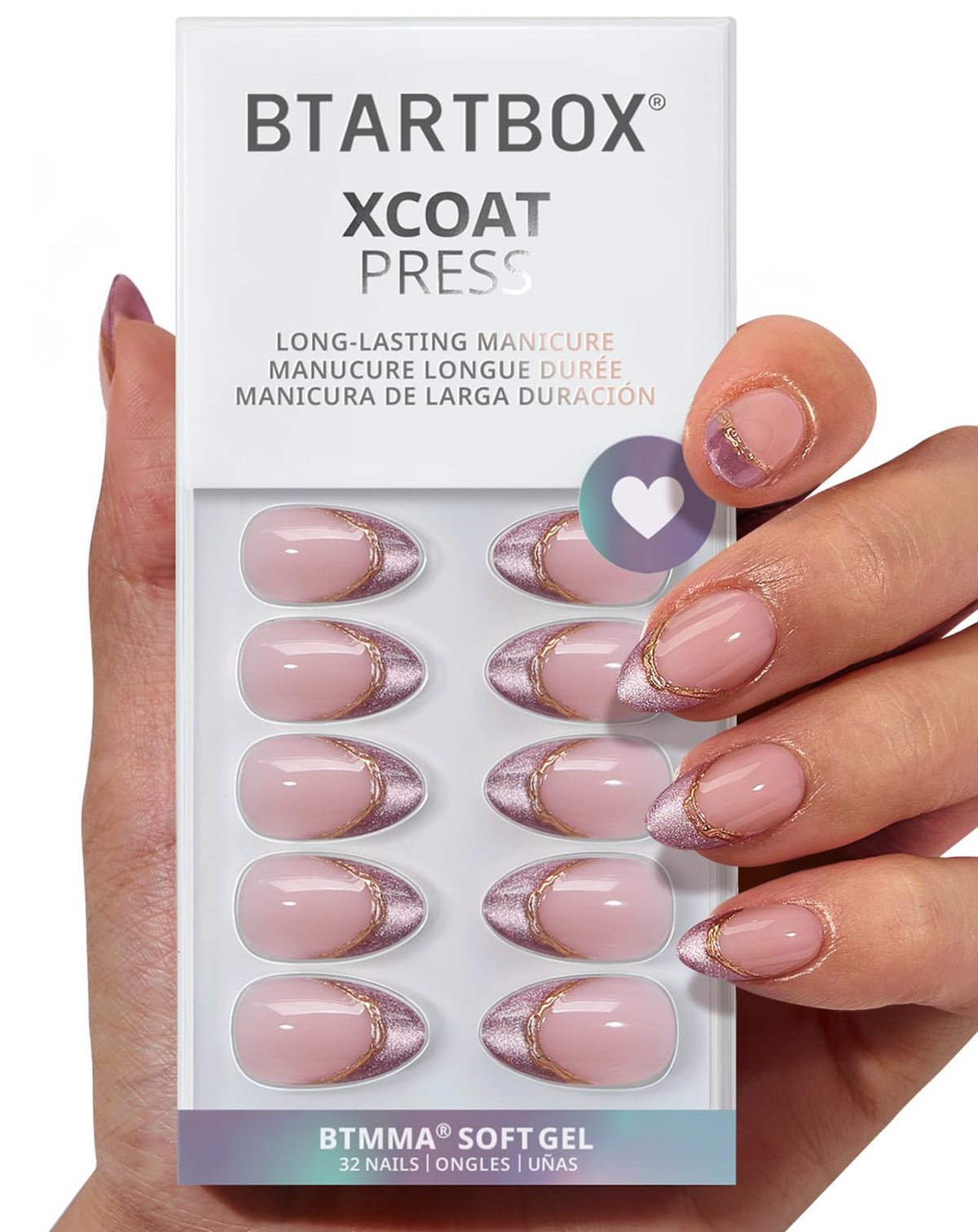 BTArtbox Press On Nails Pink Aurora front view with purple French tip