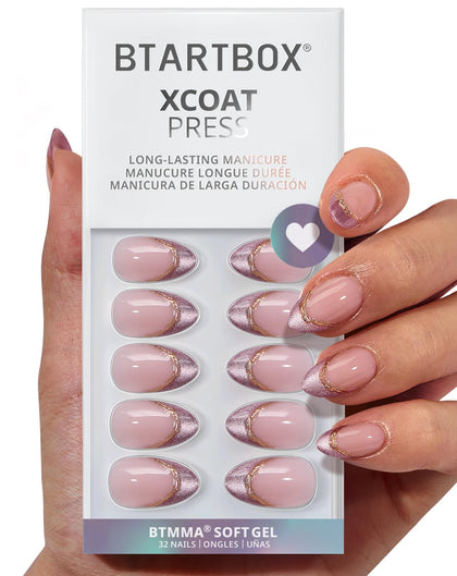 BTArtbox Press On Nails Pink Aurora front view with purple French tip