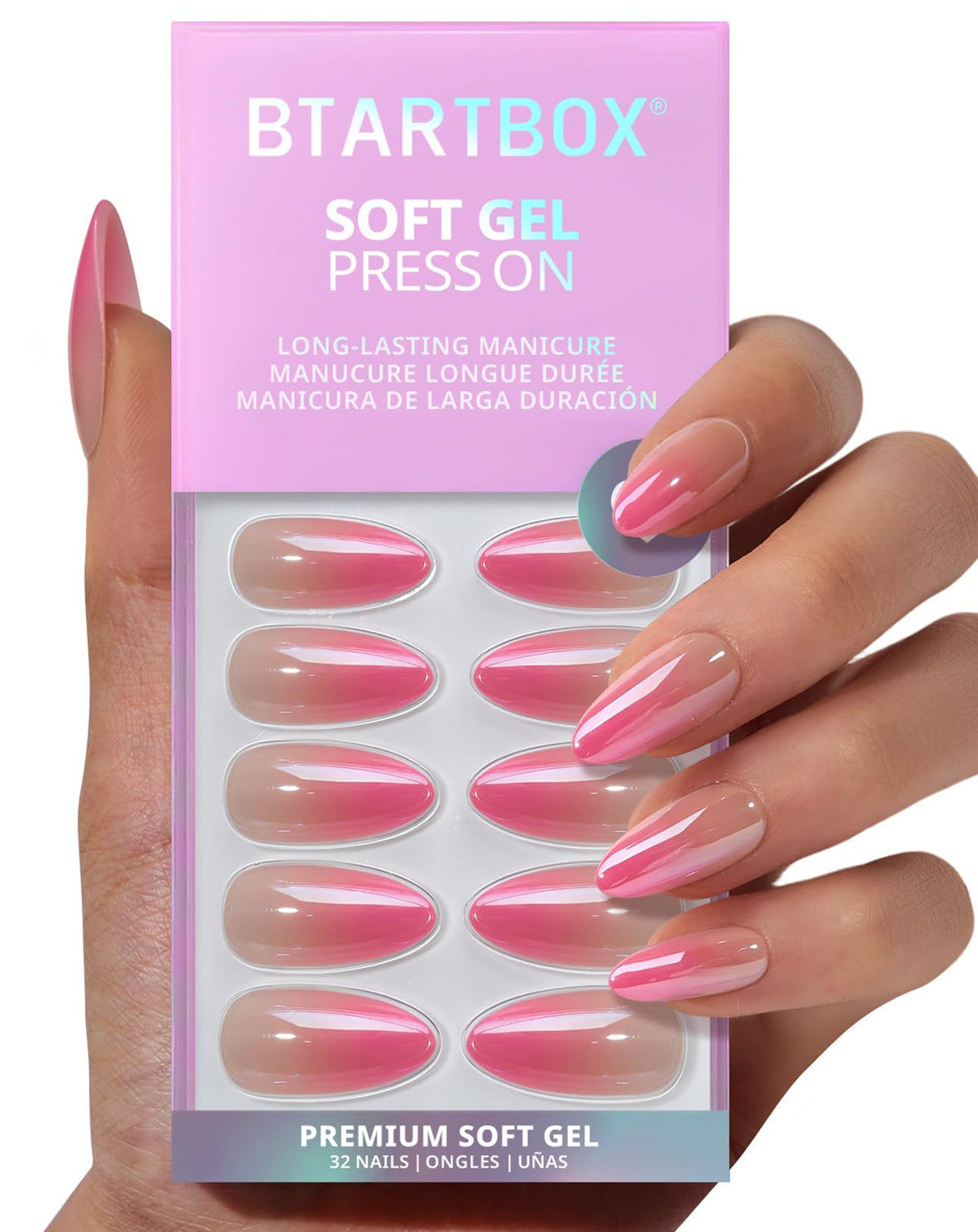 BTArtbox Press On Nails Pink Recharge front view with chrome ombre finish