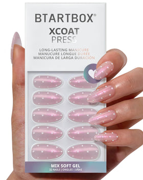 BTArtbox Press On Nails Polka-Dot Dress front view with glitter pink finish