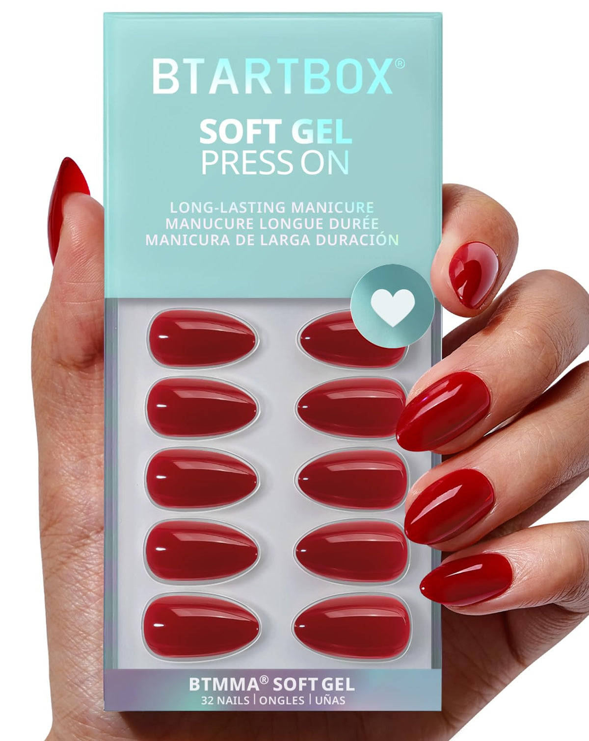 BTArtbox Press On Nails Power Suit bright red short almond front view
