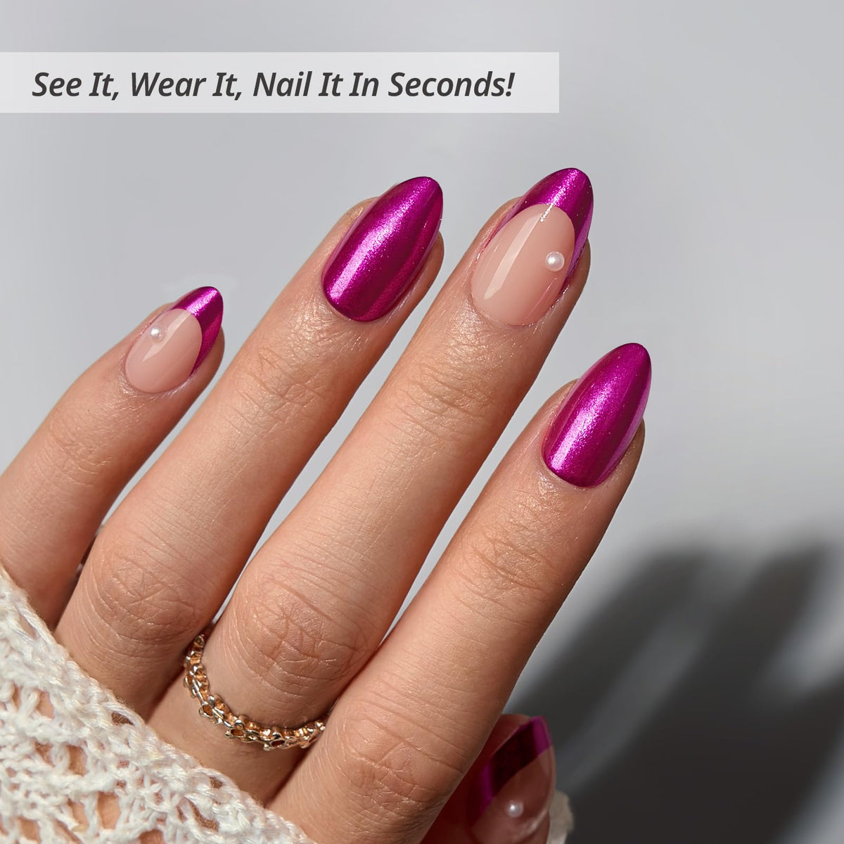 BTArtbox Press On Nails Purple Pact side view showing short almond shape
