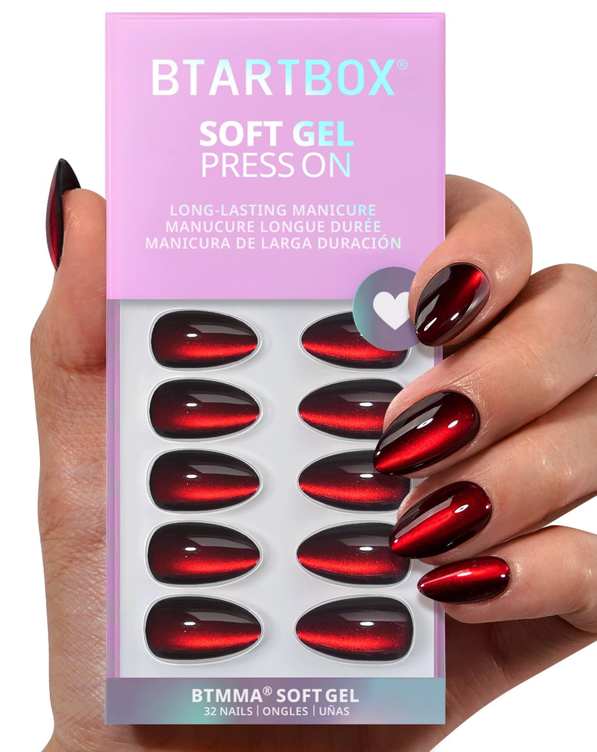 BTArtbox Press On Nails Red Cat Eye front view with multiple sizes