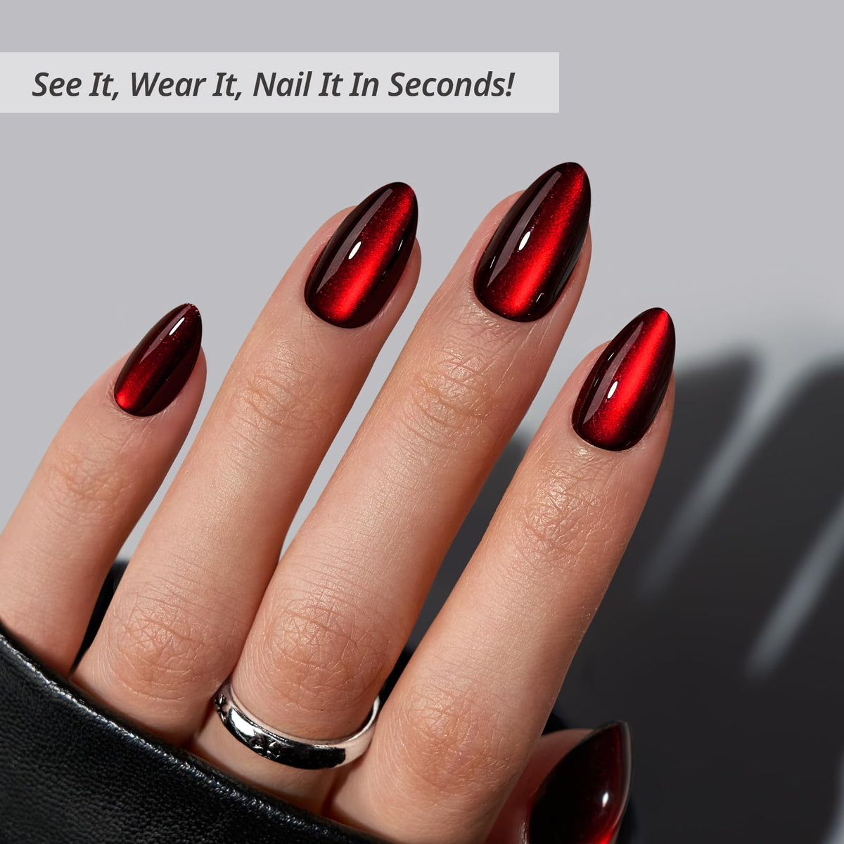 BTArtbox Press On Nails Red Cat Eye short almond shape display