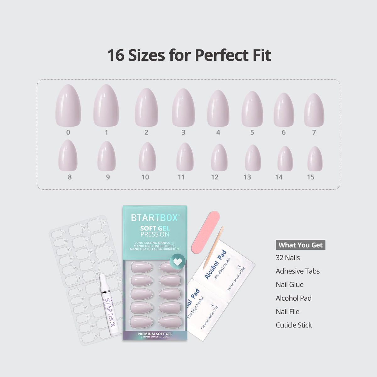 BTArtbox Press On Nails Satin Memo displaying the variety of sizes included