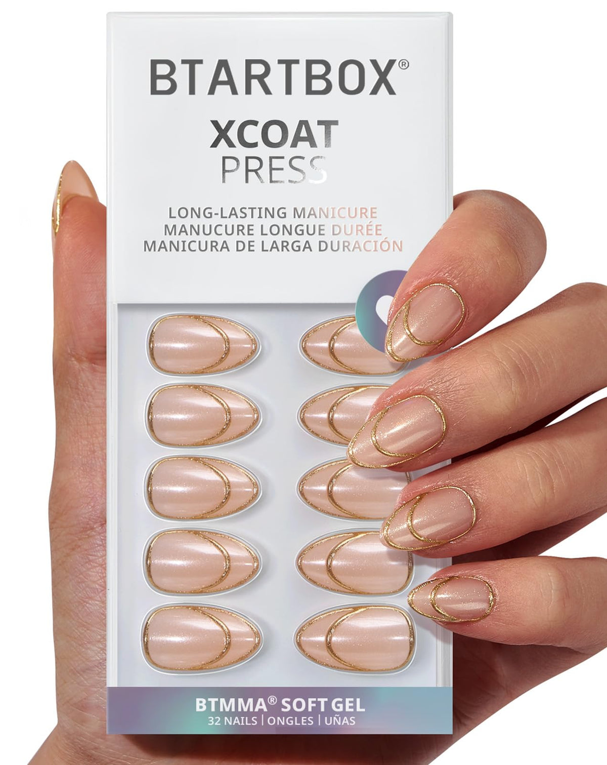 BTArtbox Press On Nails Short Almond 3D Gold Line front view