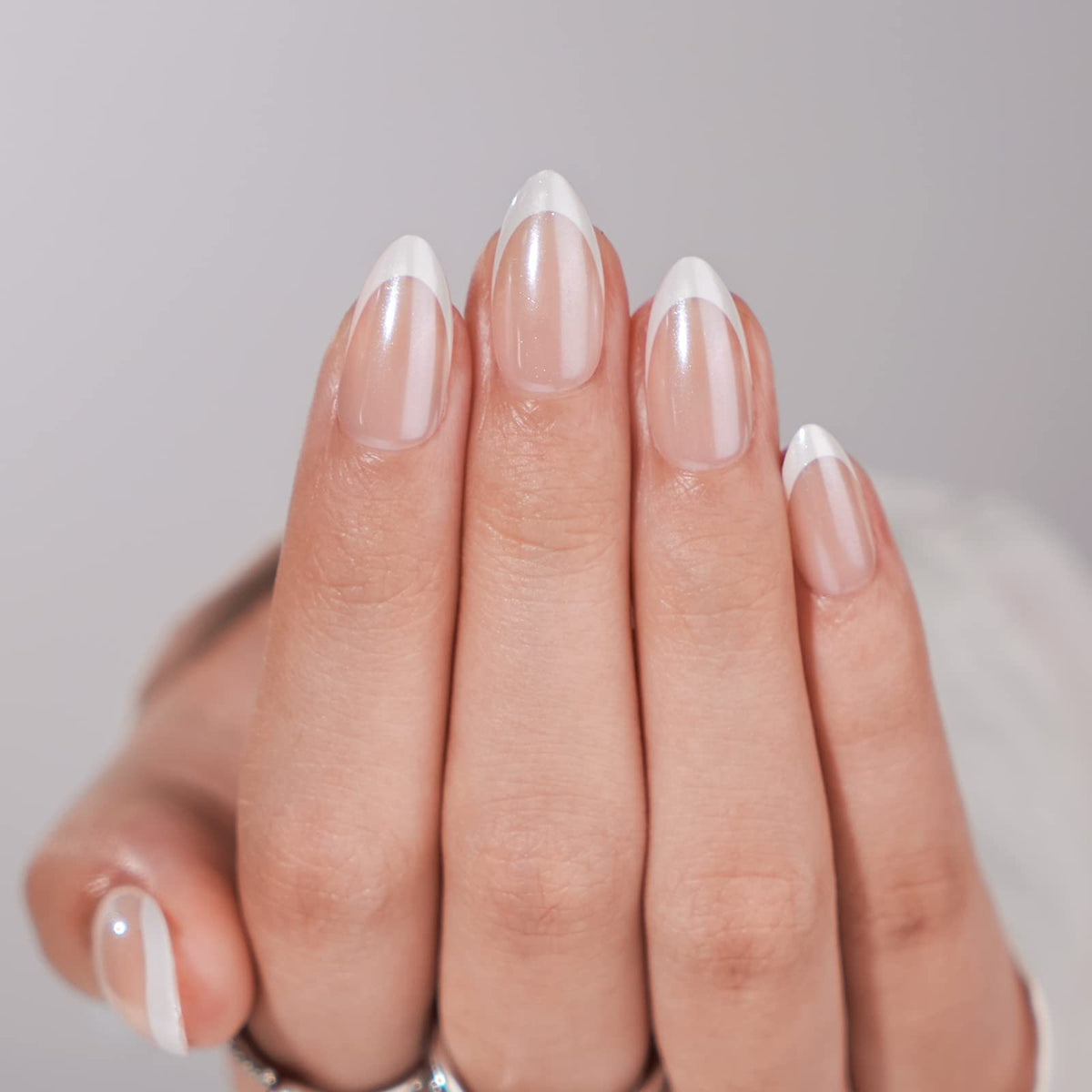 BTArtbox Press On Nails short almond shape white French tip front view
