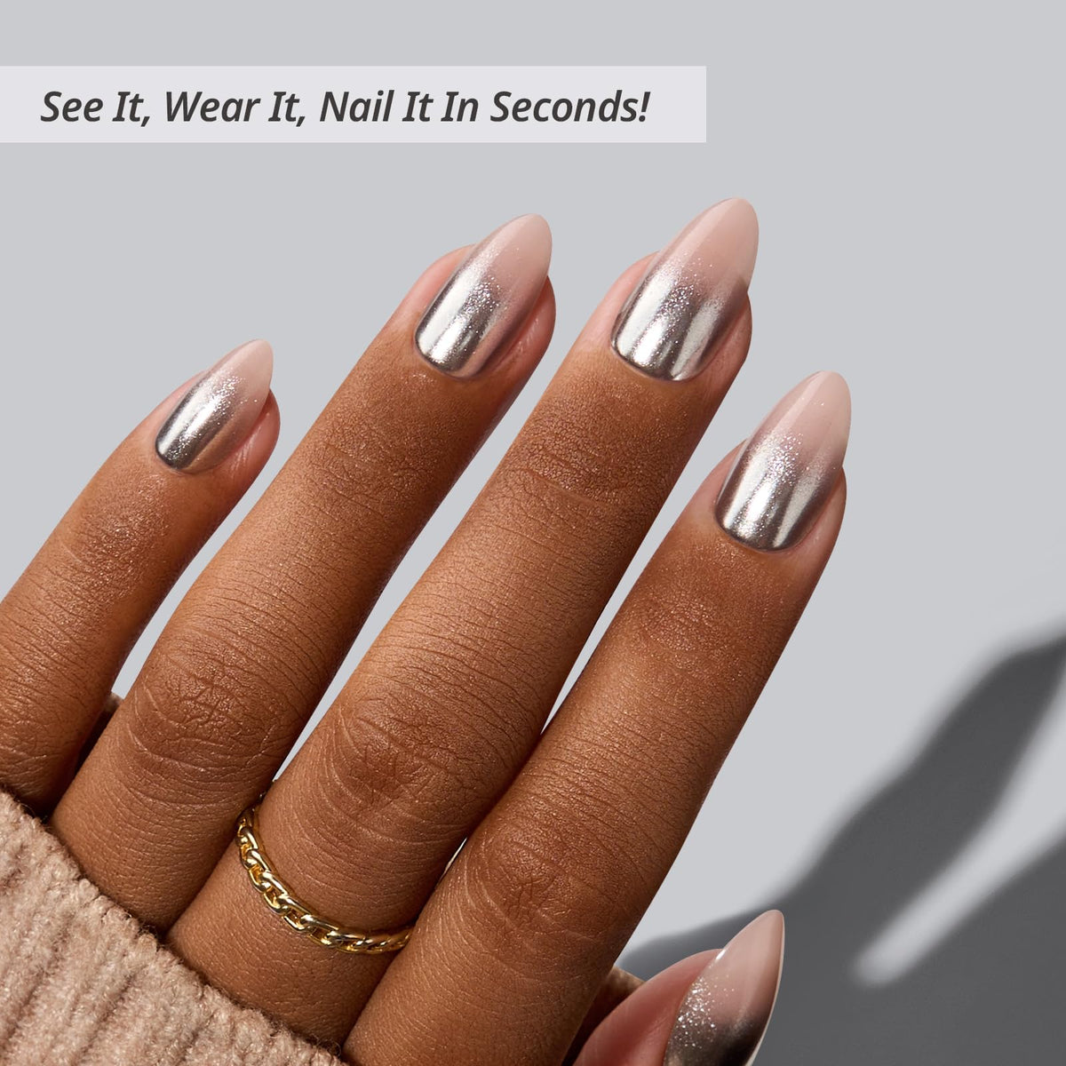 BTArtbox Press On Nails Silver Fizz Short Almond chrome glitter close-up