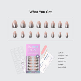 BTArtbox Press On Nails Silver Fizz Short Almond nail glue and accessories