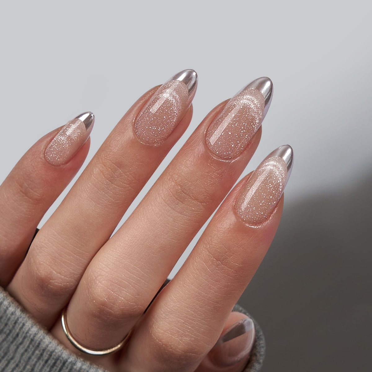 BTArtbox Press On Nails Silver Storm front view with French tip design