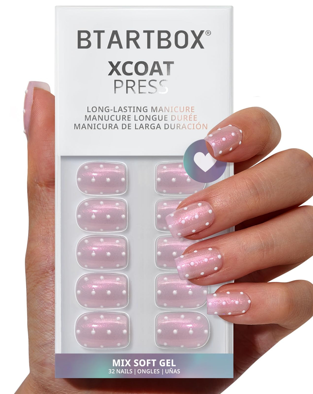 BTArtbox Press On Nails Sugar Pop front view with pink polka dots