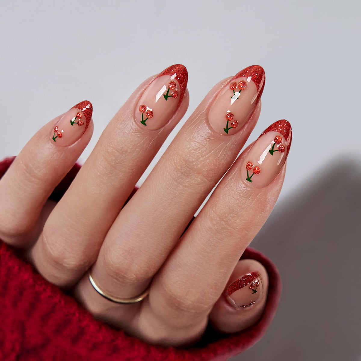 BTArtbox Press On Nails Sweet Cherry front view with red French tip
