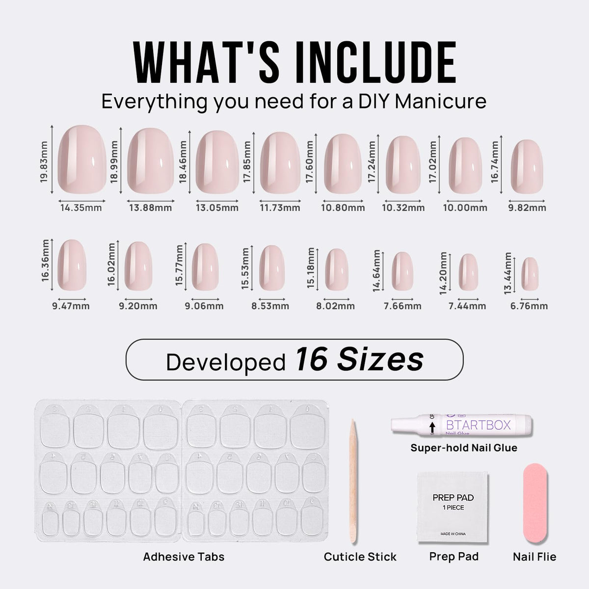 BTArtbox Press On Nails Taro Milkshake showing nail sizes