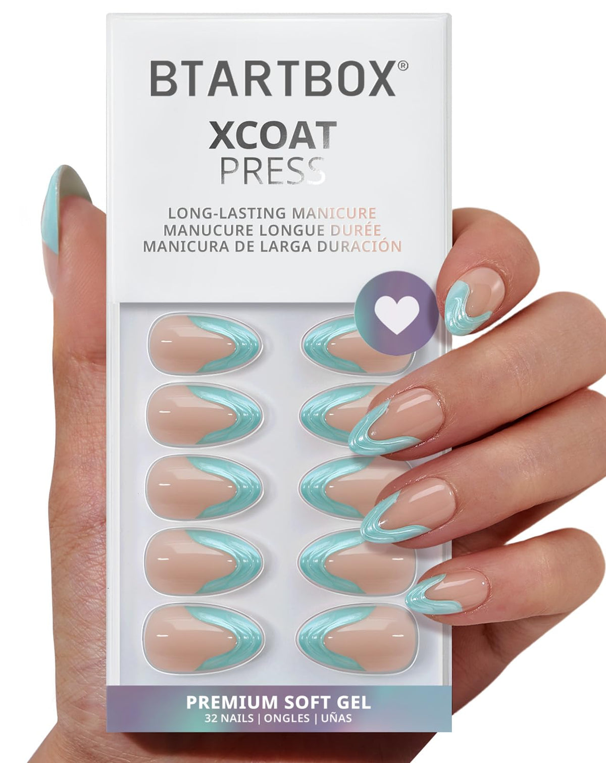 BTArtbox Press On Nails Wave Ride short almond blue French tip front view