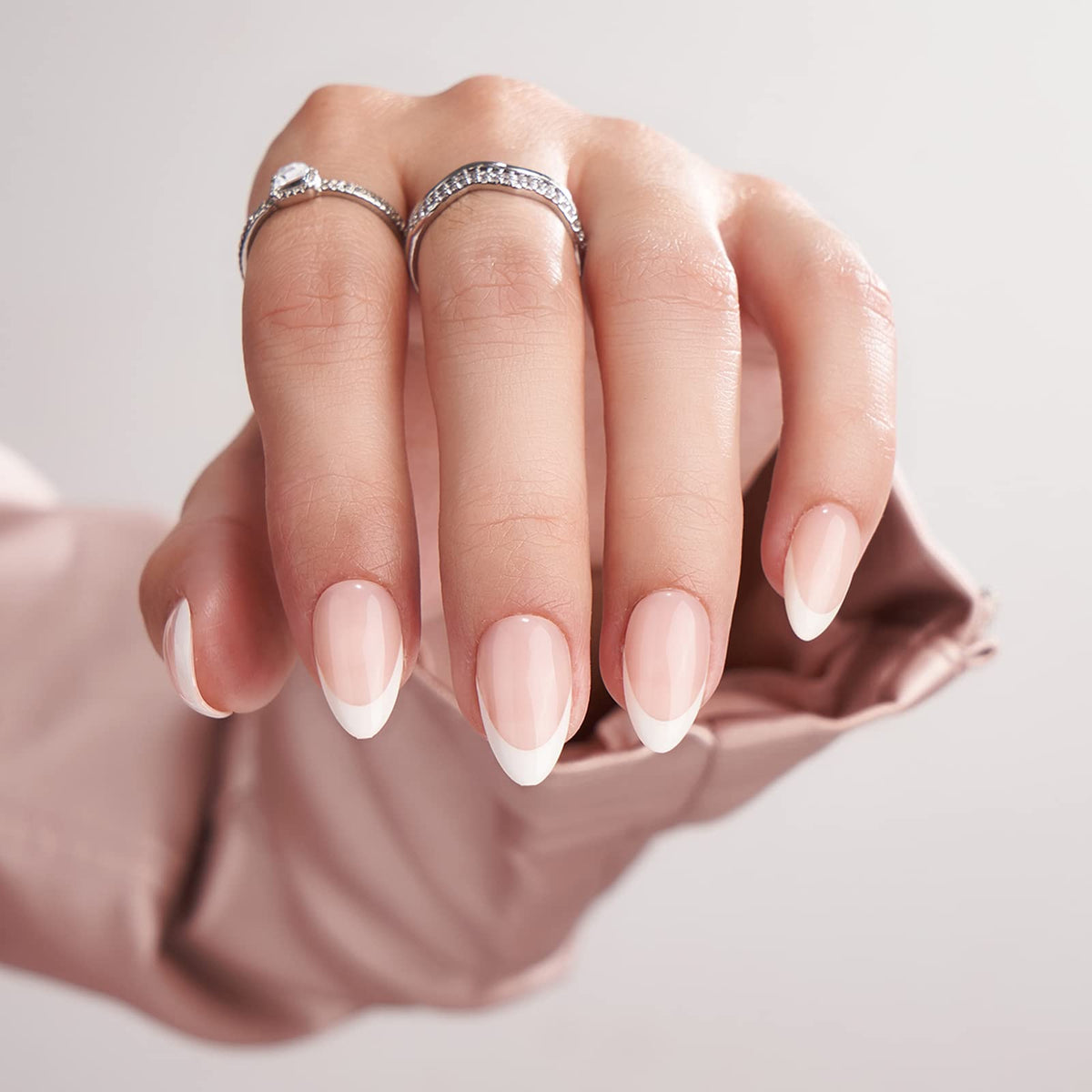 BTArtbox Press On Nails white French tip short almond front view