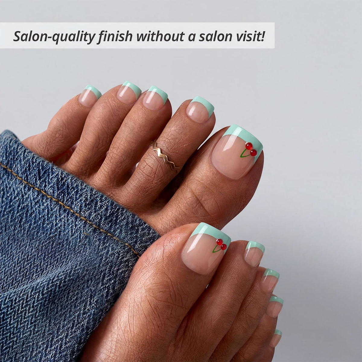 BTArtbox Press On Toenails Berry Pail Mint Green French Tip close-up