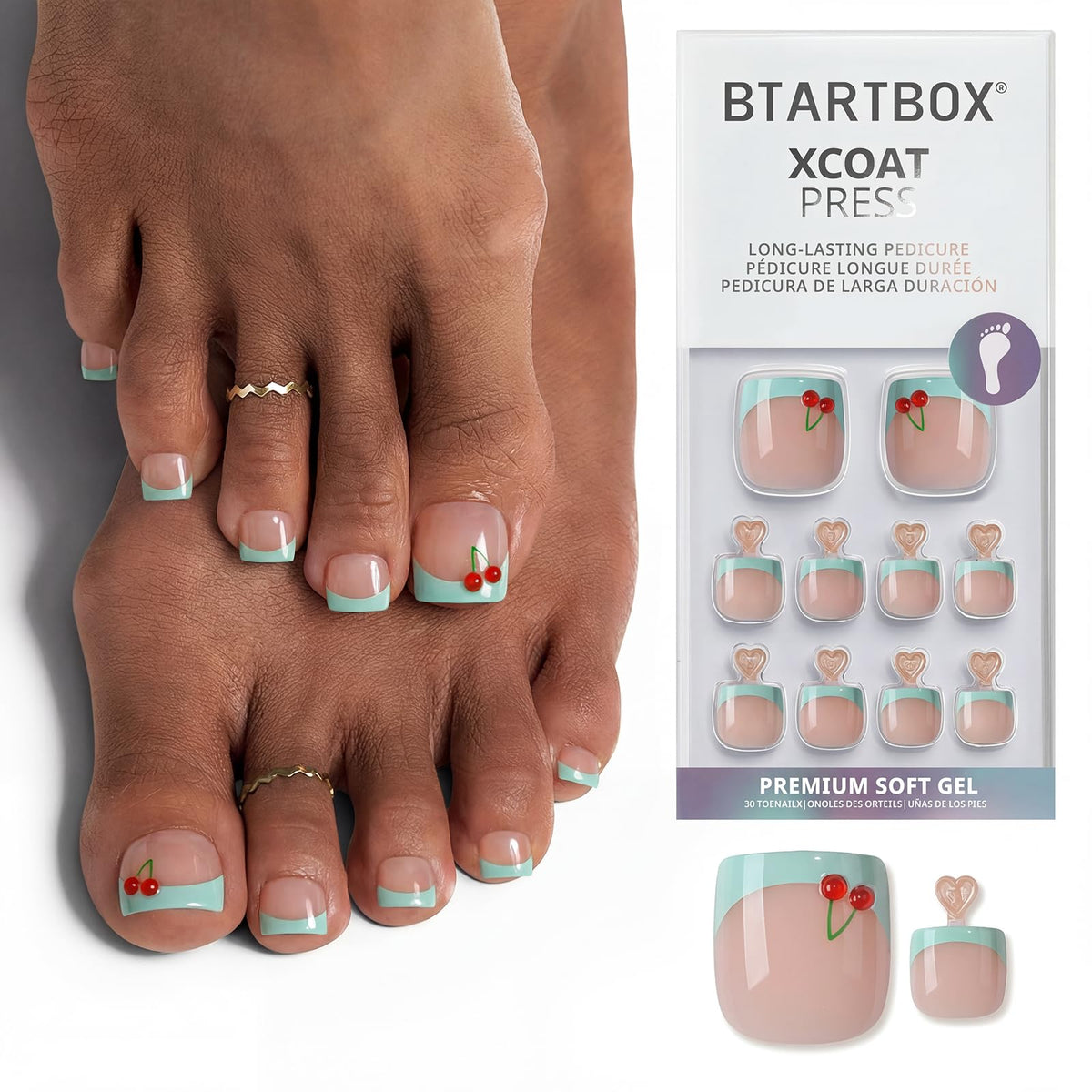 BTArtbox Press On Toenails Berry Pail Mint Green French Tip front view