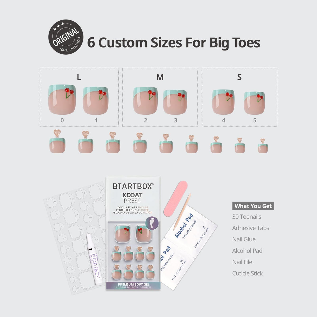 BTArtbox Press On Toenails Berry Pail Mint Green French Tip with nail glue and accessories