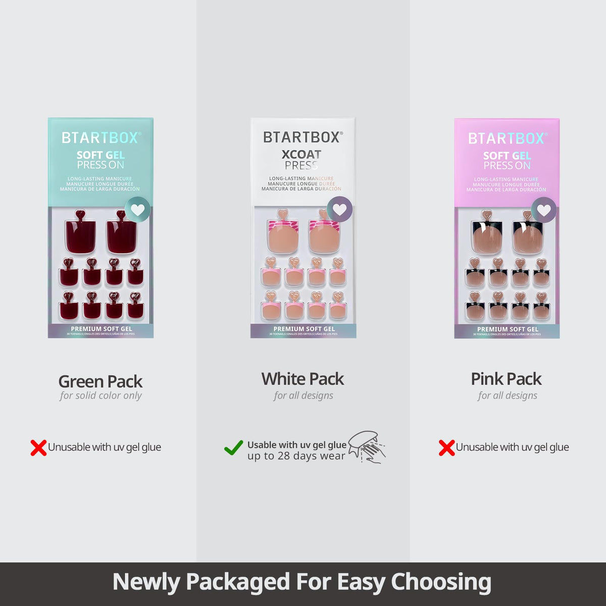 BTArtbox Press On Toenails in packaging with user manual