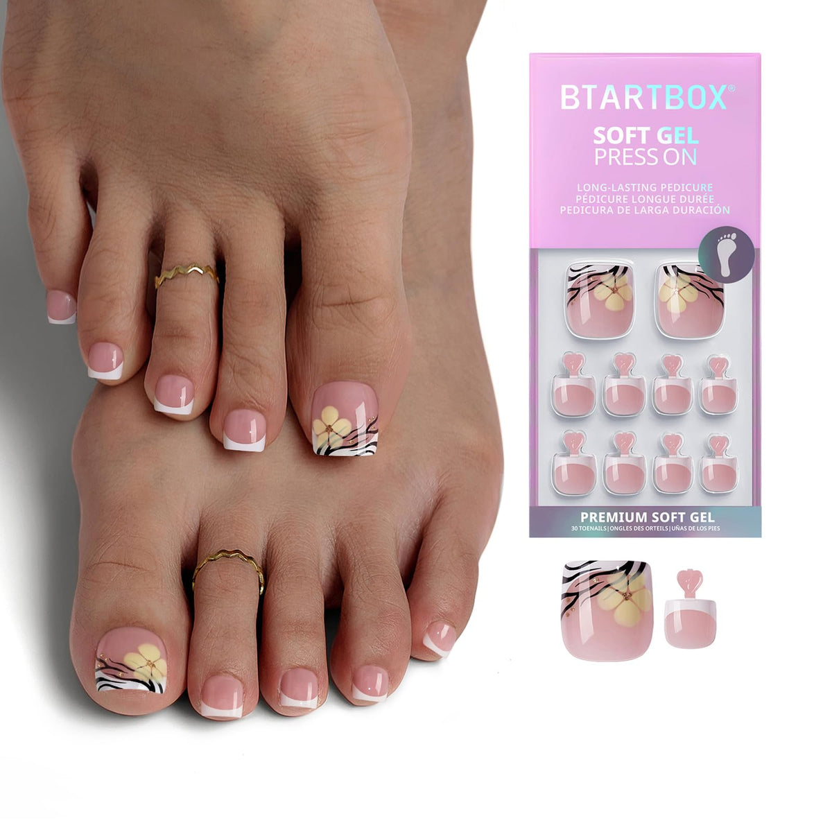 BTArtbox Press On Toenails Isle Plumeria Pedi front view