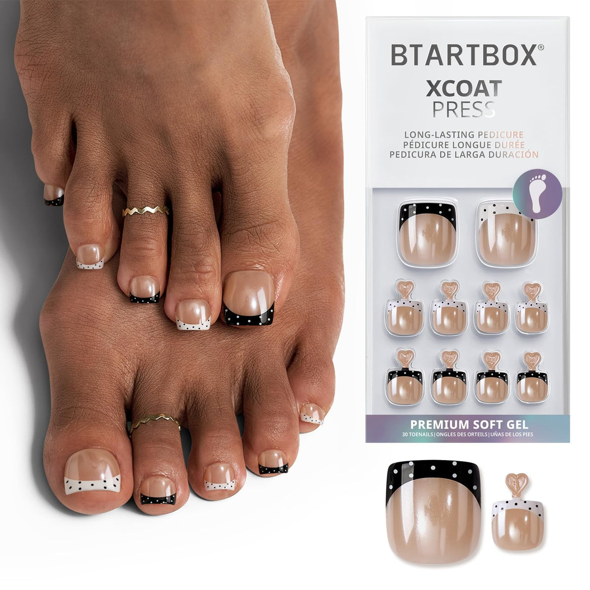 BTArtbox Press On Toenails Kismet Duo front view with polka dot design