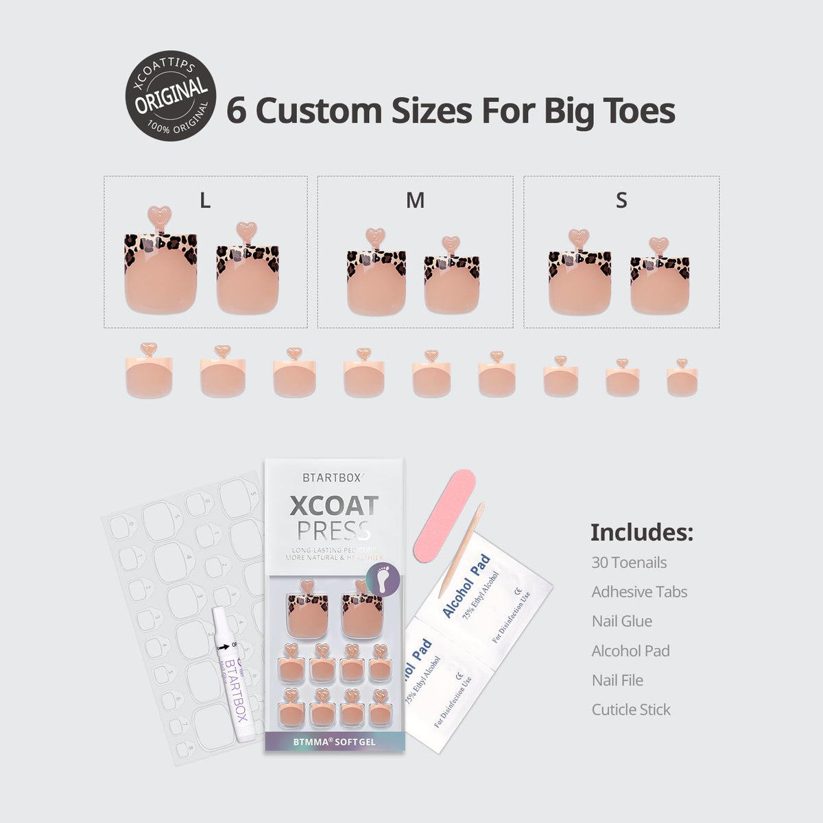 BTArtbox Press On Toenails packaging with included accessories