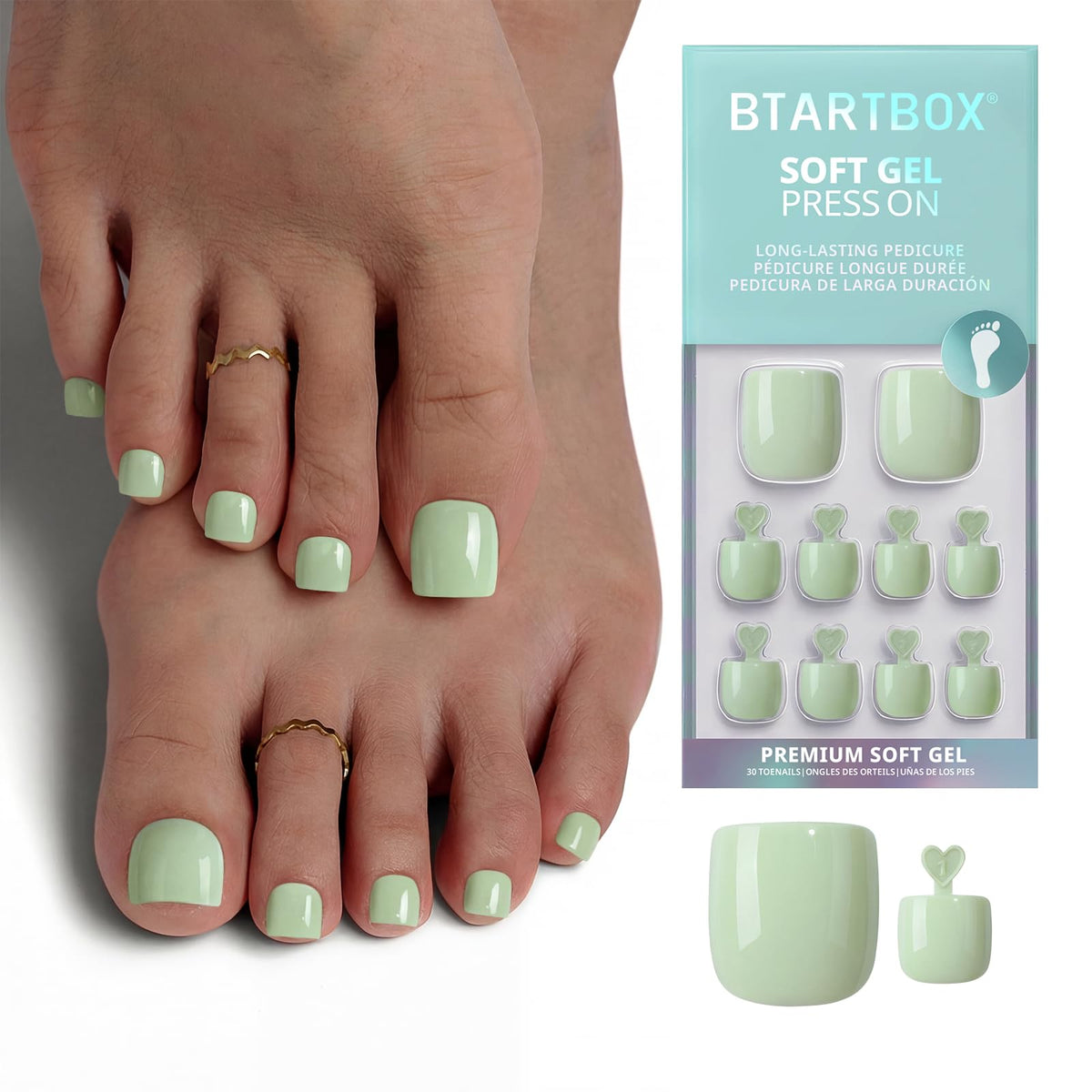 BTArtbox Press On Toenails pastel green front view