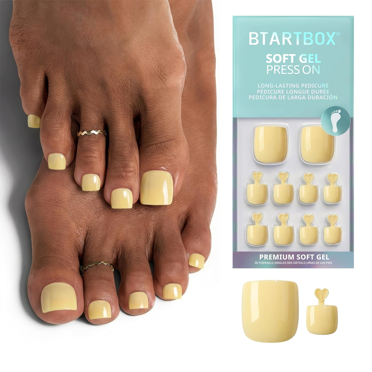 BTArtbox Press On Toenails pastel yellow front view