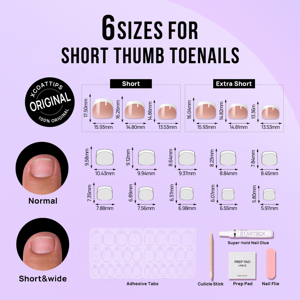 BTArtbox Press On Toenails showing various sizes included