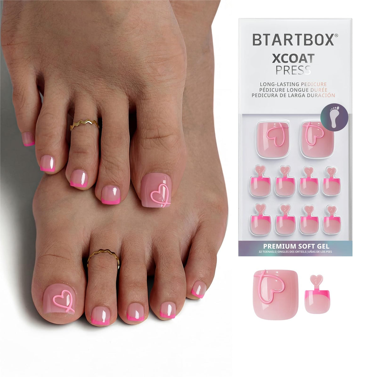 BTArtbox Press On Toenails Soft Romance hot pink French tip front view