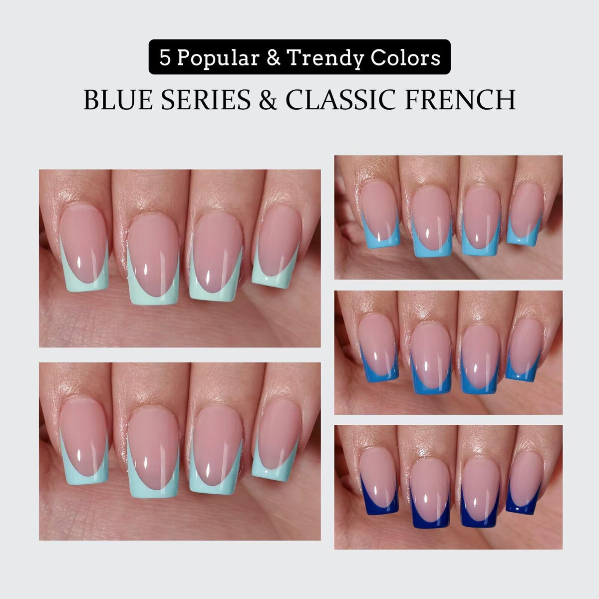 BTARTBOXNAILS Blue French Tip Press On Nails applied on hands