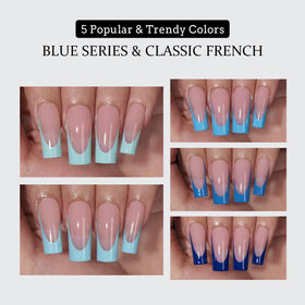 BTARTBOXNAILS Blue French Tip Press On Nails in hand