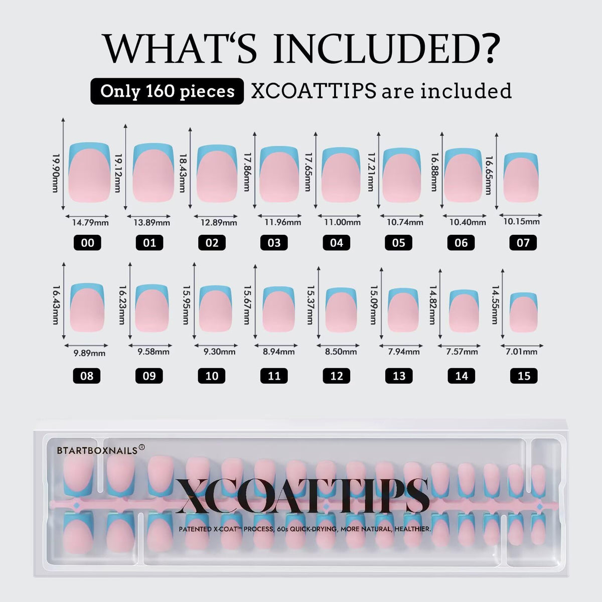 BTARTBOXNAILS Blue French Tip Press On Nails showing size options