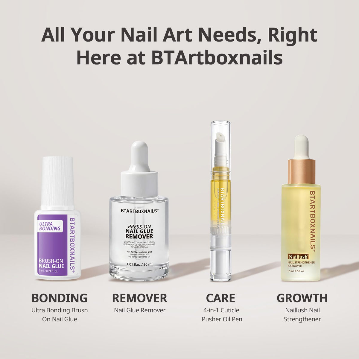 BTARTBOXNAILS Brush On Nail Glue and Remover set displayed together