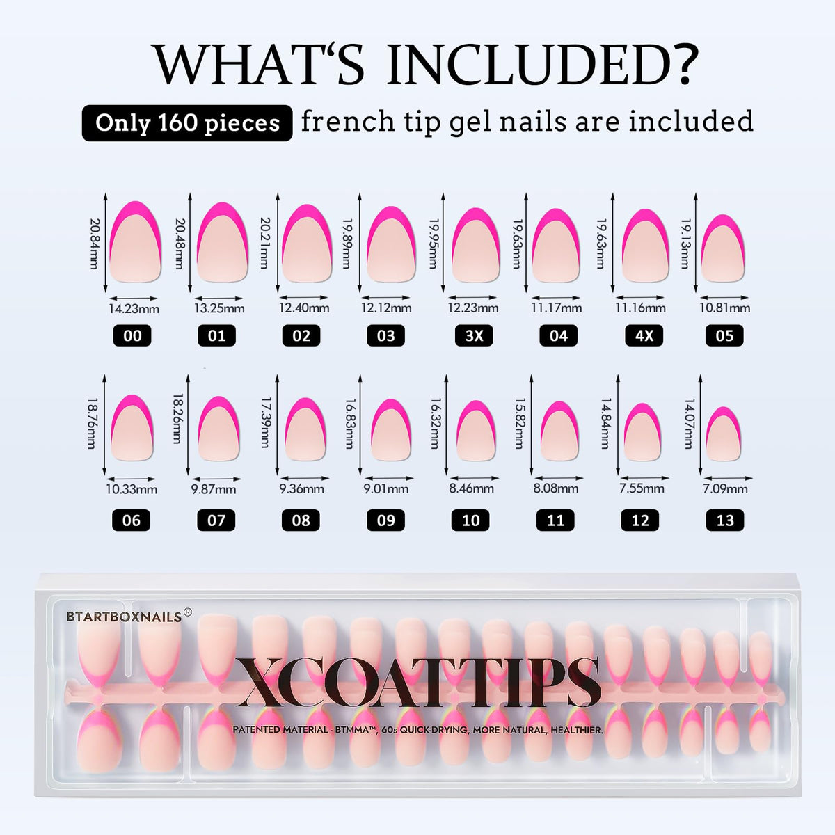 BTARTBOXNAILS Pastel French Tip Press On Nails showing size options