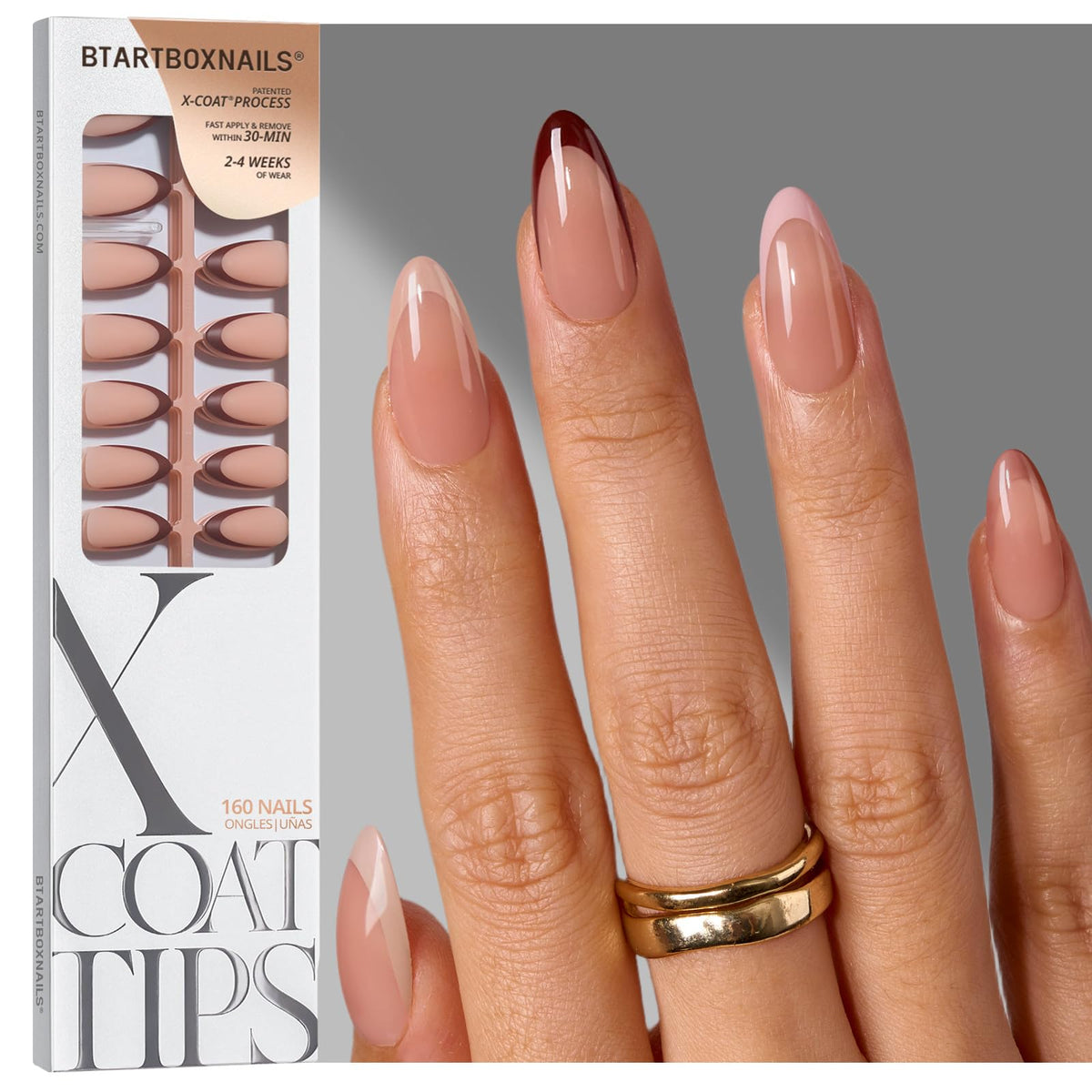BTArtboxnails SkinTone French Tip Press On Nails M Almond Peach front view