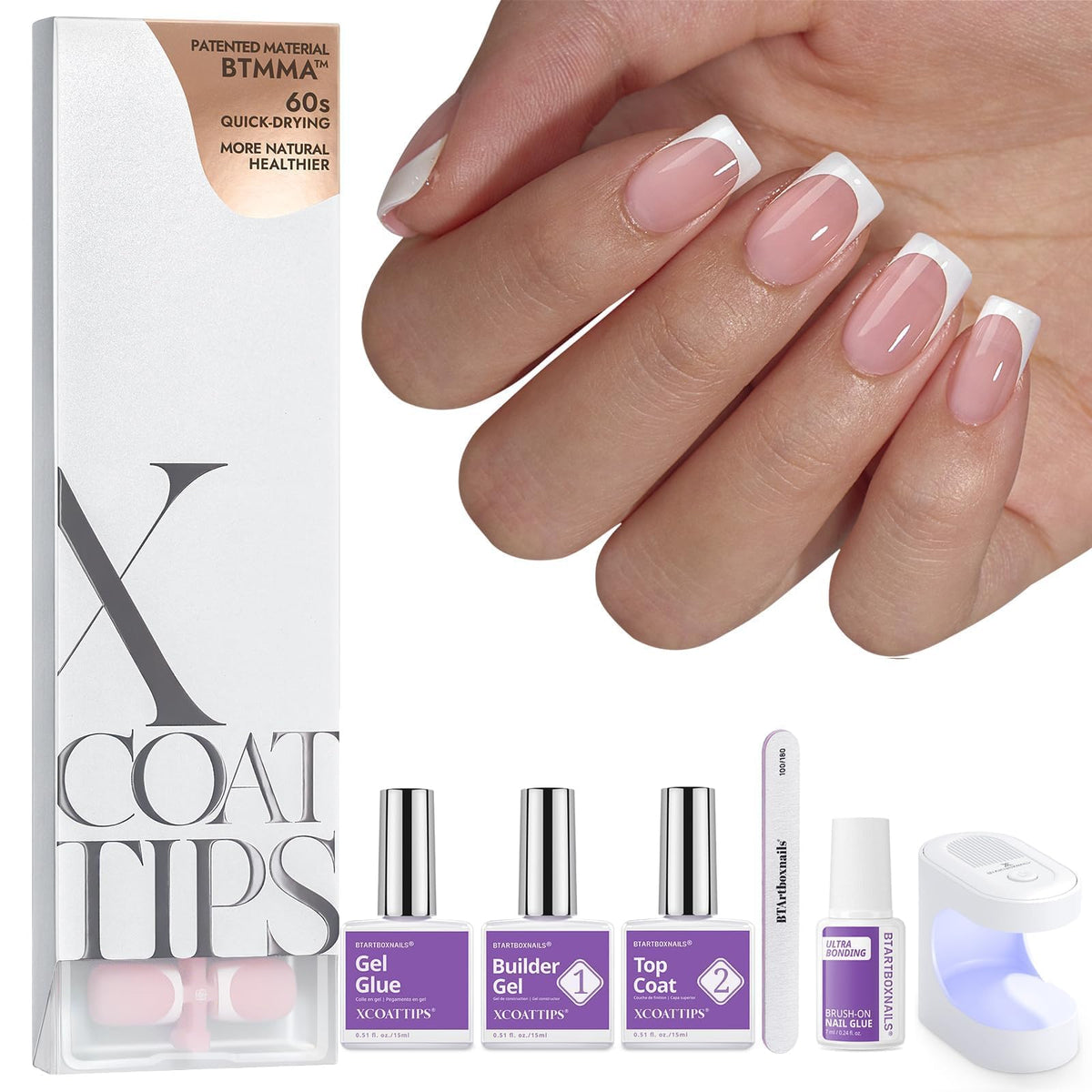 BTARTBOXNAILS White French Tip Press On Nails Kit packaging front view