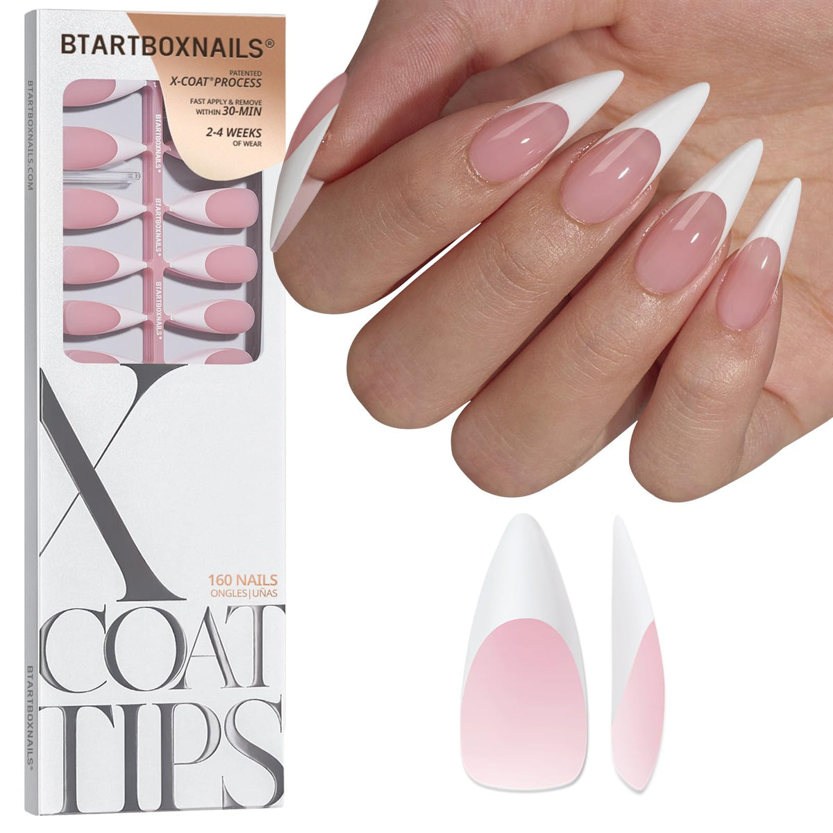 BTARTBOXNAILS White French Tip Press On Nails L Stiletto Pink front view